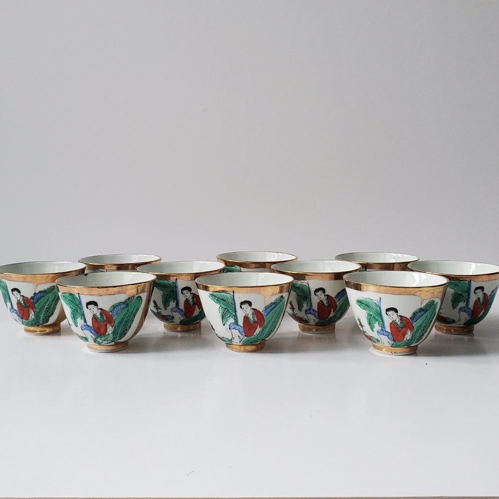 VTG Asian Gold Gilt Hand Painted Porcelain Sake Cups / Dipping Bowls Set Of 10